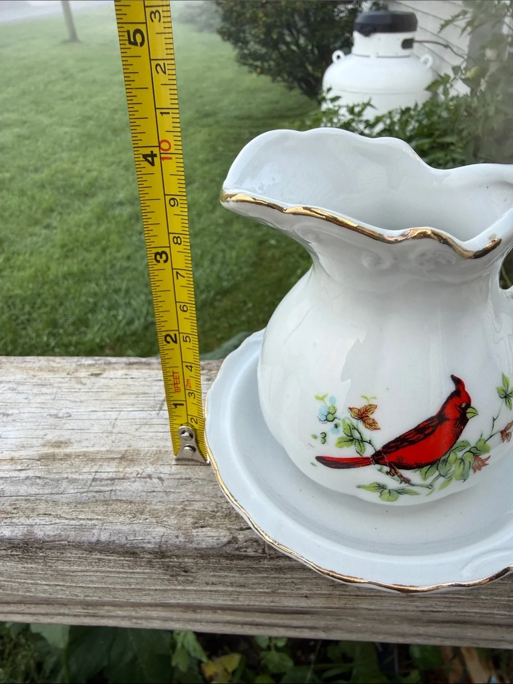 Vintage Lefton White Porcelain Pitcher with Red Cardinal and Gold Trim